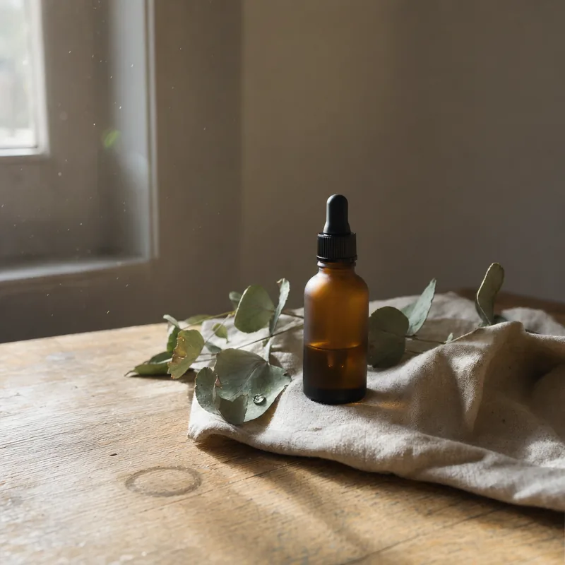 CBD-druppelfles met groene blaadjes op een licht naturel oppervlak