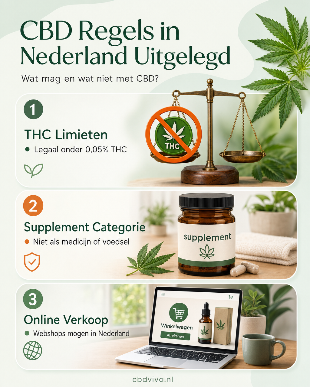 Drie kernregels rond CBD in Nederland — sterke visuals + verfijnde typografie, 4:5 ratio