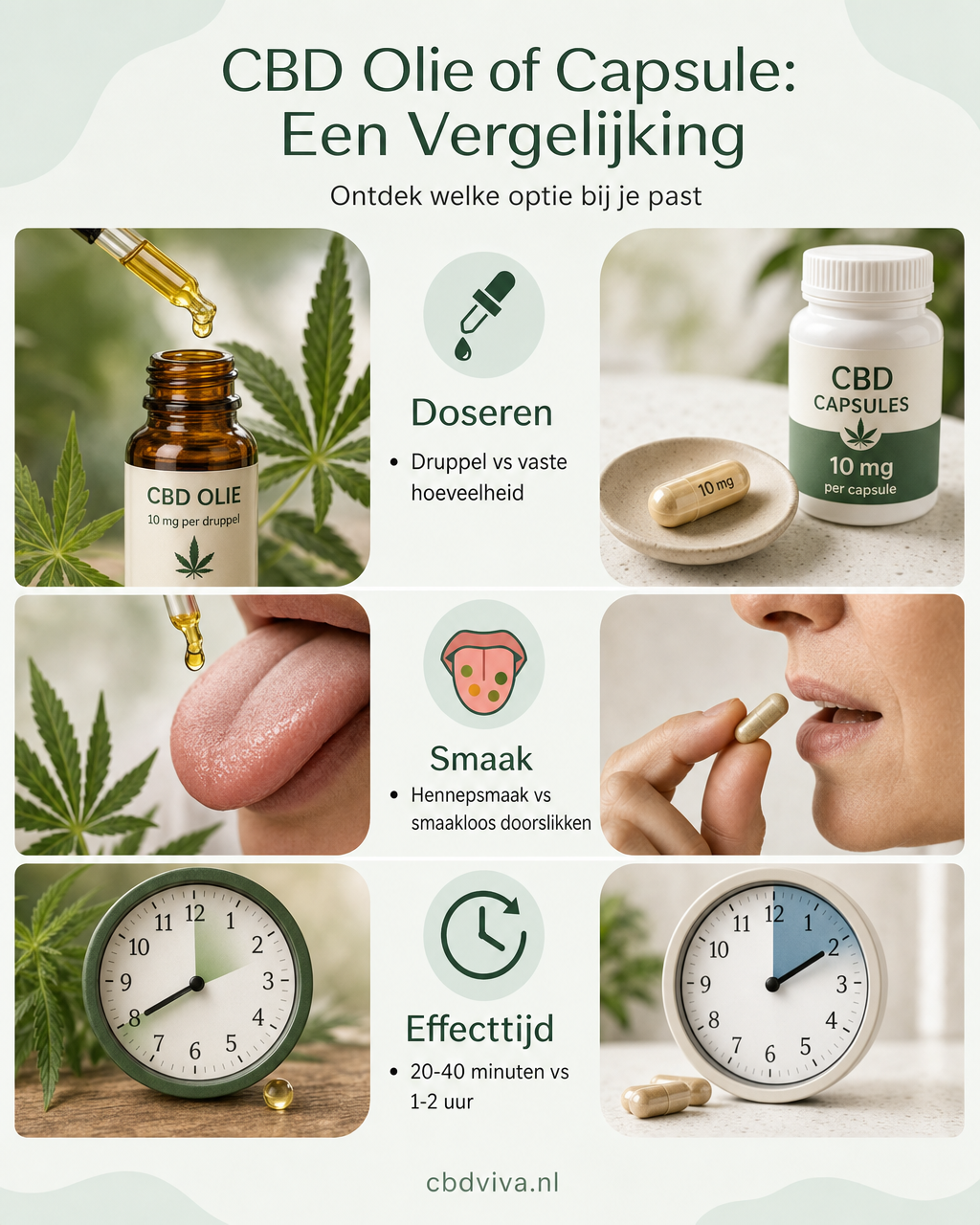 CBD-olie vs CBD-capsule — sterke visuals + verfijnde typografie, 4:5 ratio