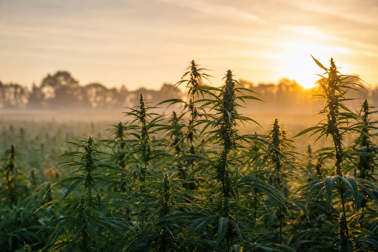 Hennepveld bij zonsopgang met zachte ochtendmist