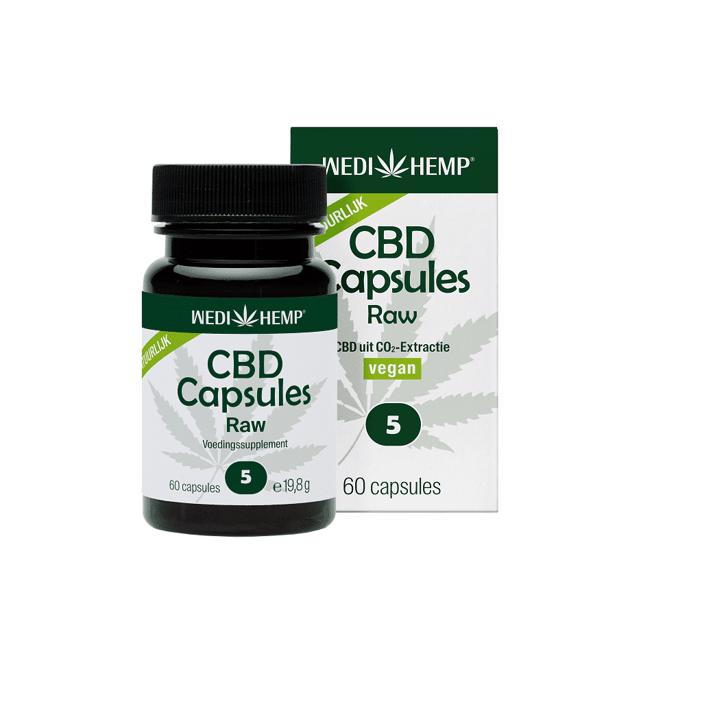 Een fles en doos Wedihemp - 5% CBD capsules (60 stuks - 13,5mg CBD per capsule), veganistisch, op een witte achtergrond.