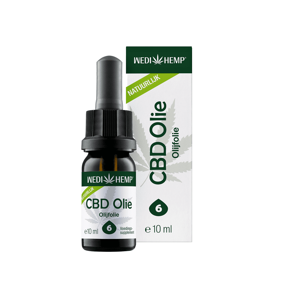 Flesje CBD-olie van 10 ml met het opschrift "Wedihemp - 6% CBD olijfolie - naturel smaak", voorzien van een druppelaar en een verpakking met een ontwerp van cannabisbladeren, samen met de woorden "Natuurlijk" en "Olieolie.