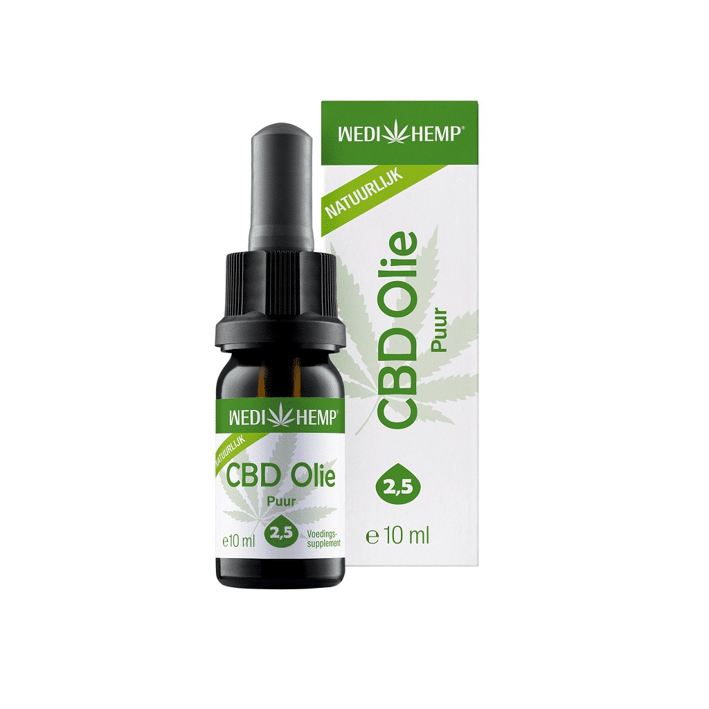 Flesje en verpakking met CBD-olie en druppelaar, met het label "Wedihemp - Puur 2.5% CBD olie - milde smaak" en met een cannabisbladontwerp.