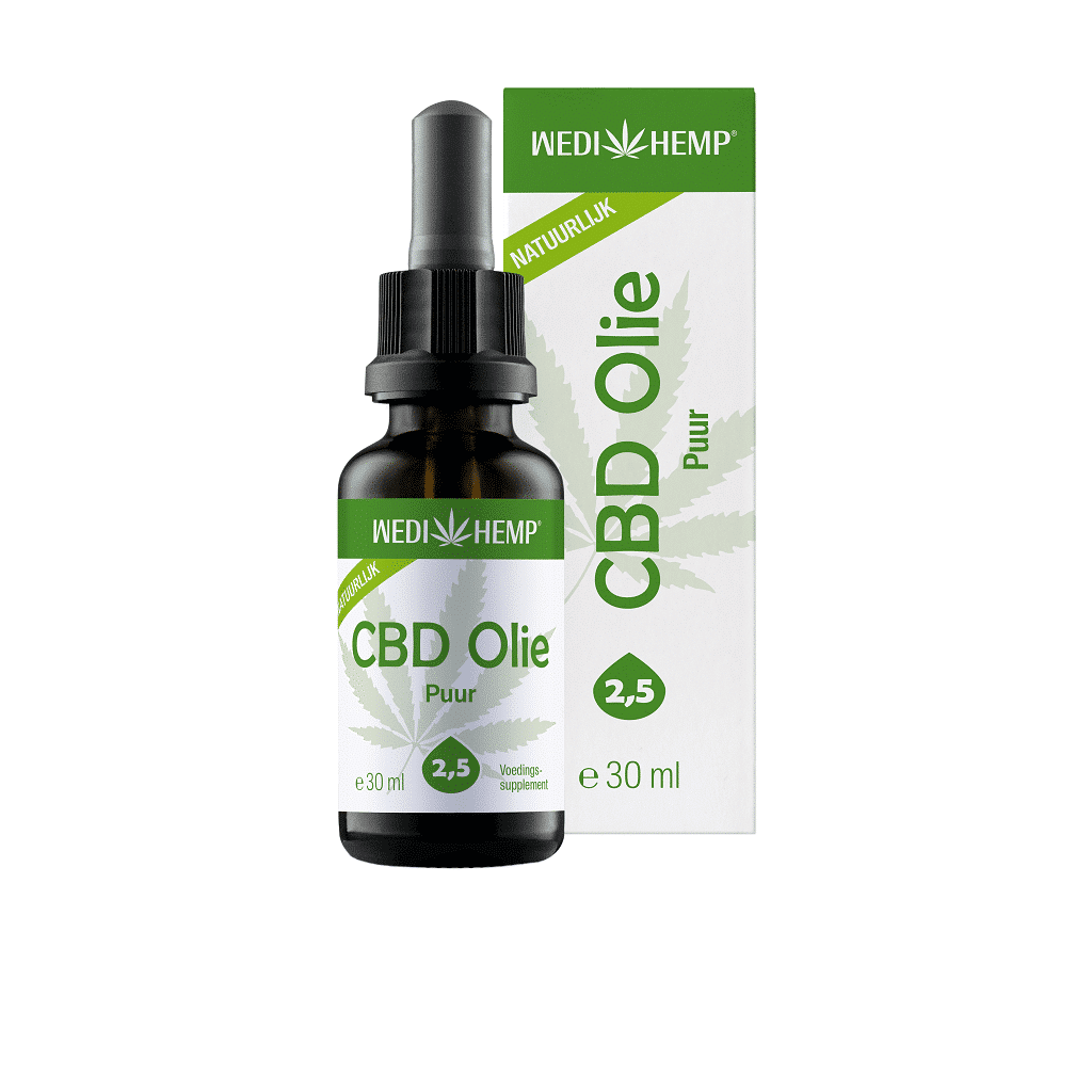 Fles en doos Wedihemp - Puur 2,5% CBD olie (30ml) - milde smaak, met een groen cannabisbladontwerp.