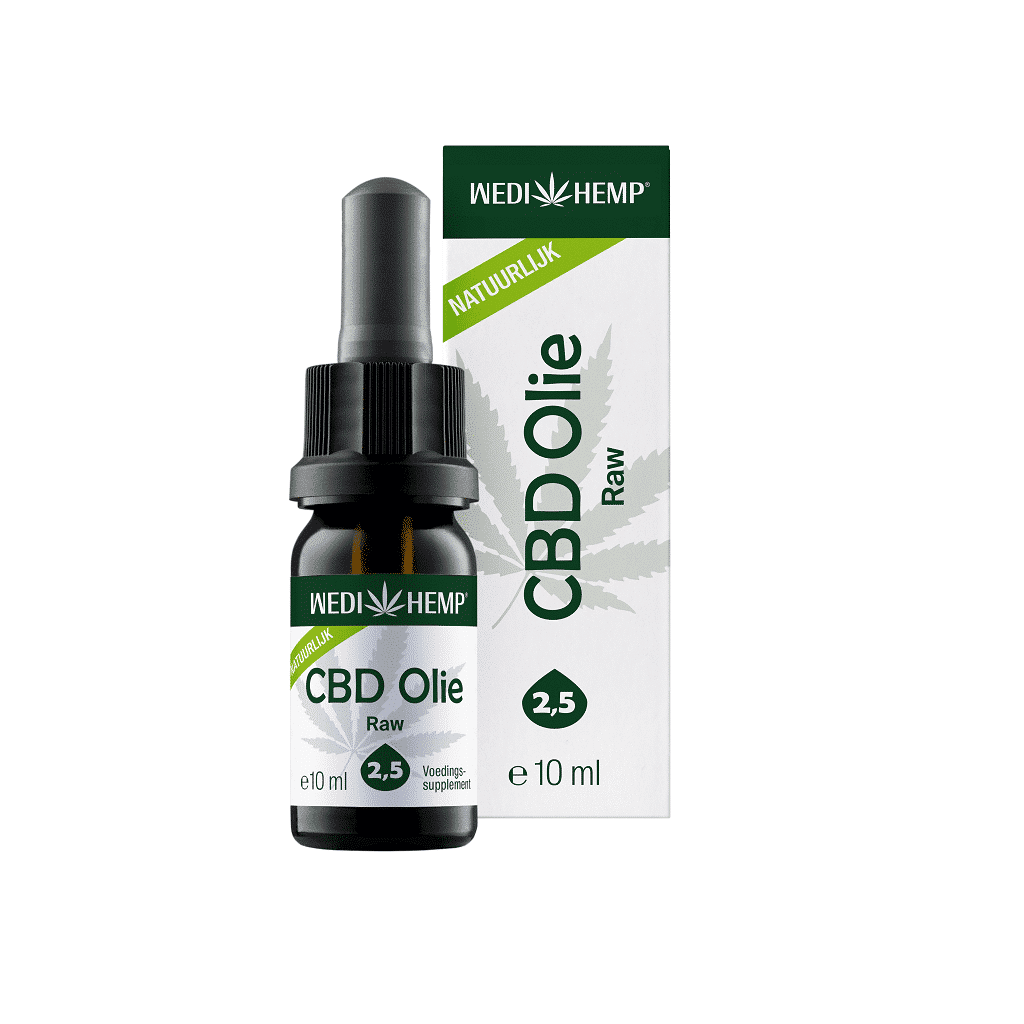 Naast de doos staat een klein flesje met een druppelaar met het label "Wedihemp - Raw 2.5% CBD olie - naturel smaak", versierd met een cannabisblad.