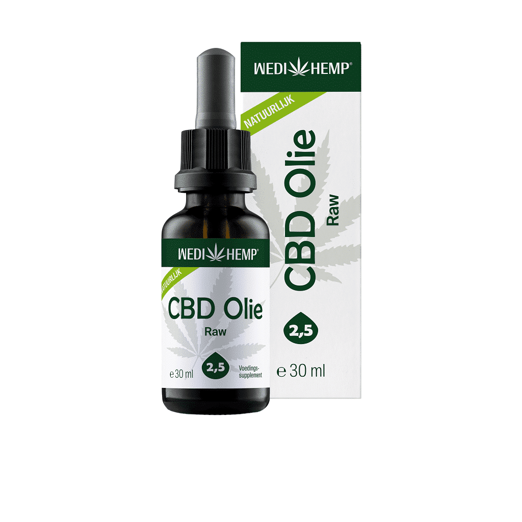 Een flesje Wedihemp - Raw 2,5% CBD olie (30ml) - naturel smaak zit bij de verpakking, beide aangemerkt als een natuurlijk voedingssupplement.