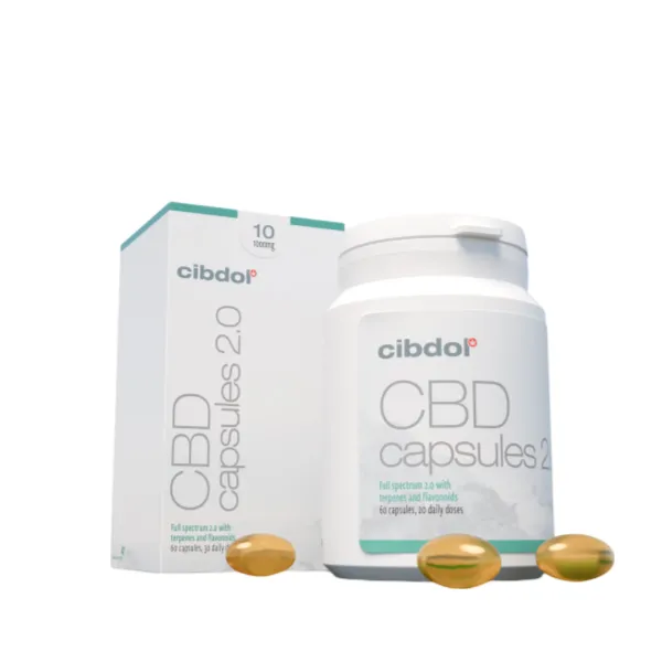 Cibdol - 10% CBD capsules 2.0 in witte verpakking. De afbeelding toont een fles en doos met het label "16 mg" met "60 stuks," samen met drie capsules op de voorkant.
