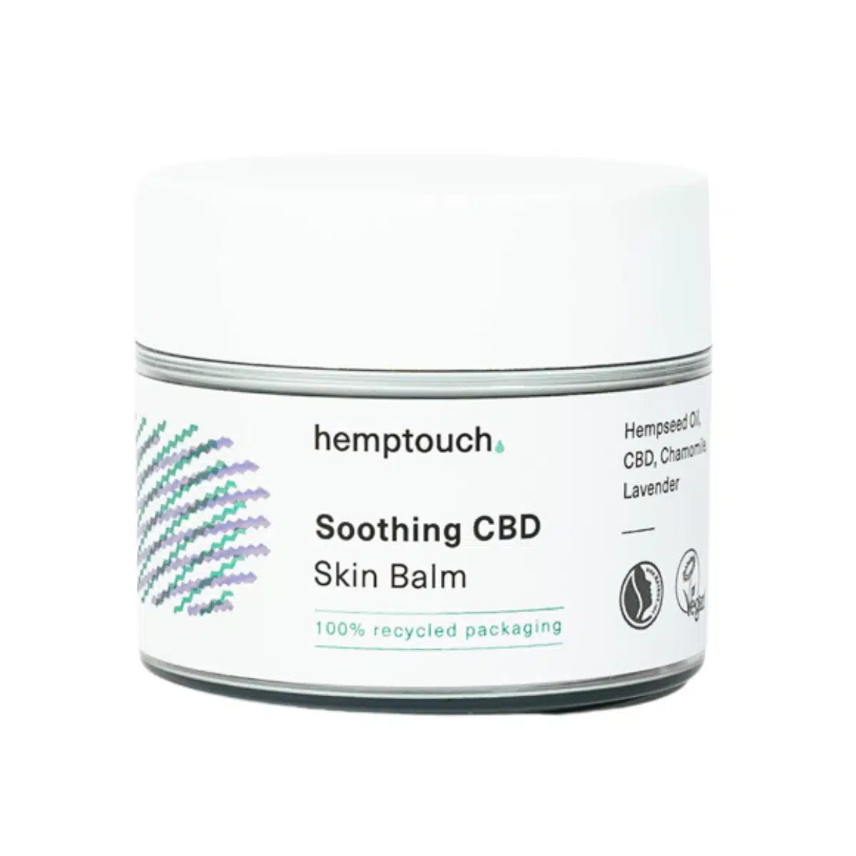 Een witte pot Kalmerende CBD balsem Hemptouch (50mg CBD/50ml) met hennepzaadolie, CBD, kamille en lavendel in 100% gerecyclede verpakking.