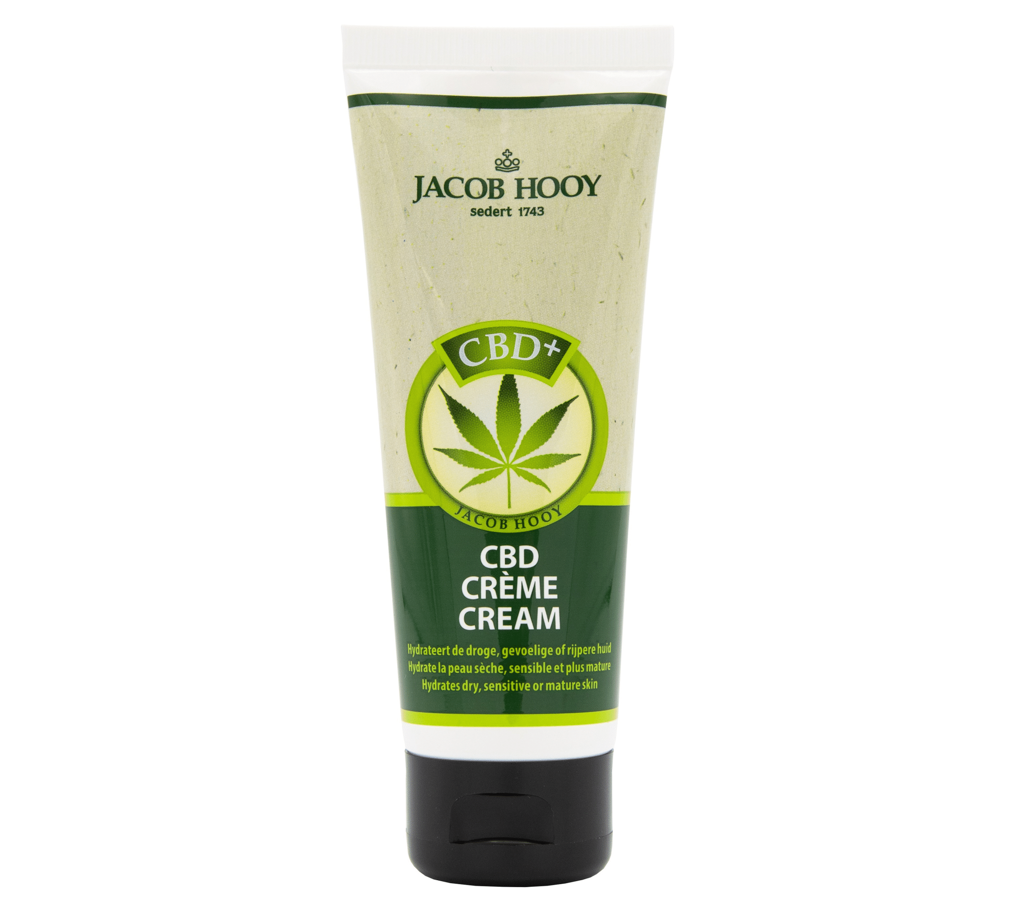 een tube cbd-crème op een witte achtergrond.
