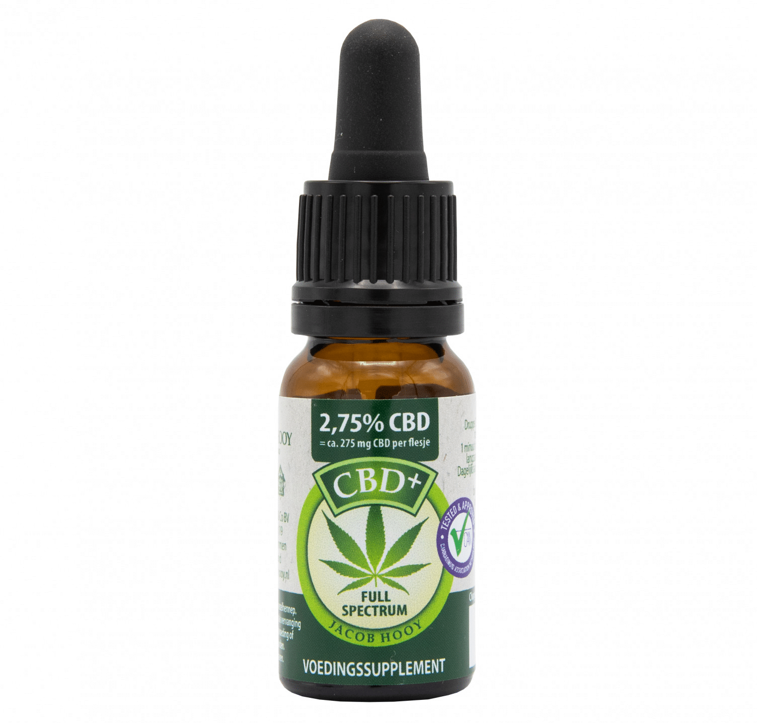 een fles cbd-olie op een wit oppervlak.
