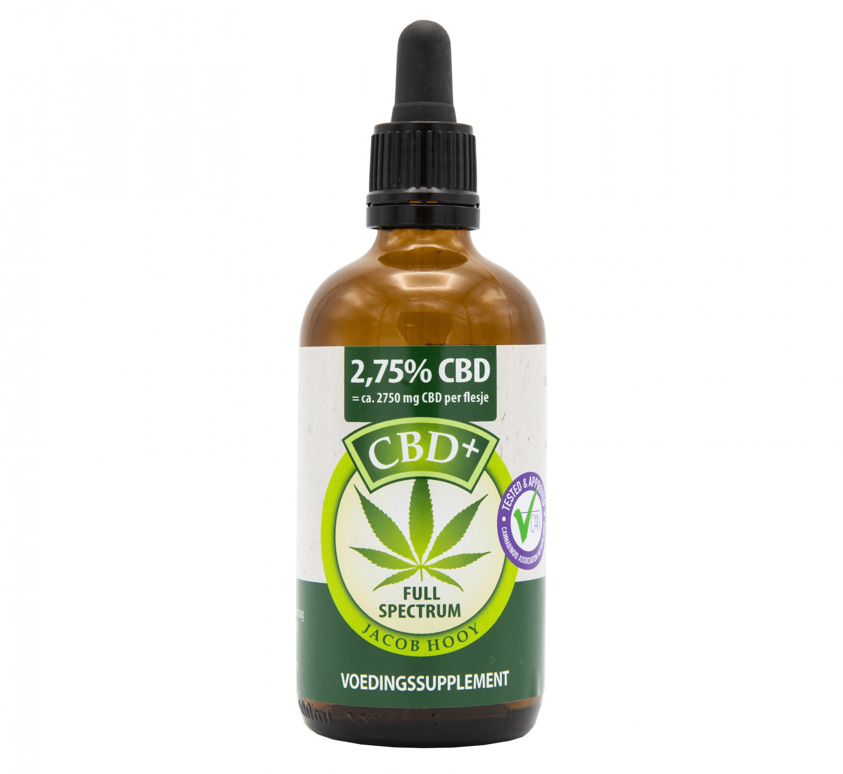 een fles cbd-olie op een witte achtergrond.