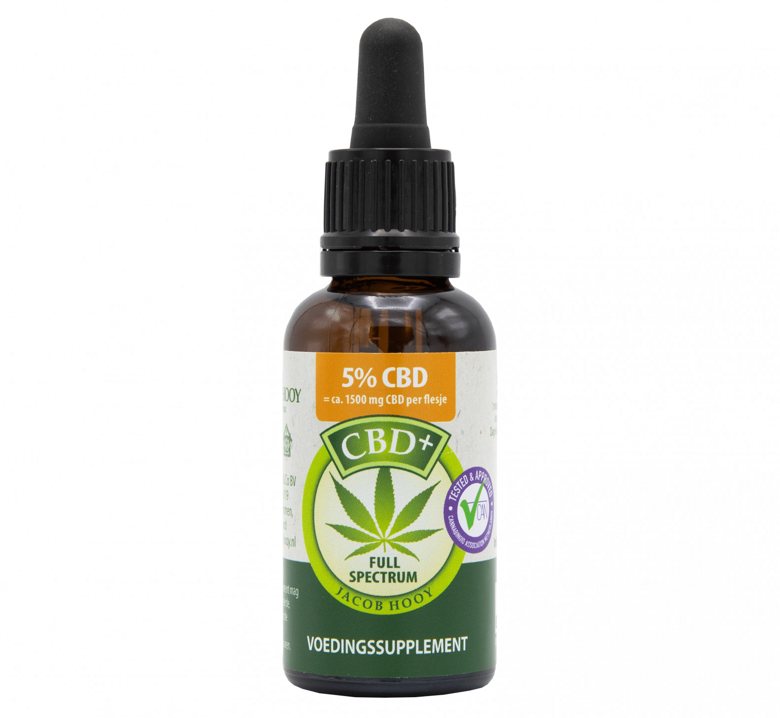 een fles cbd-olie op een wit oppervlak.