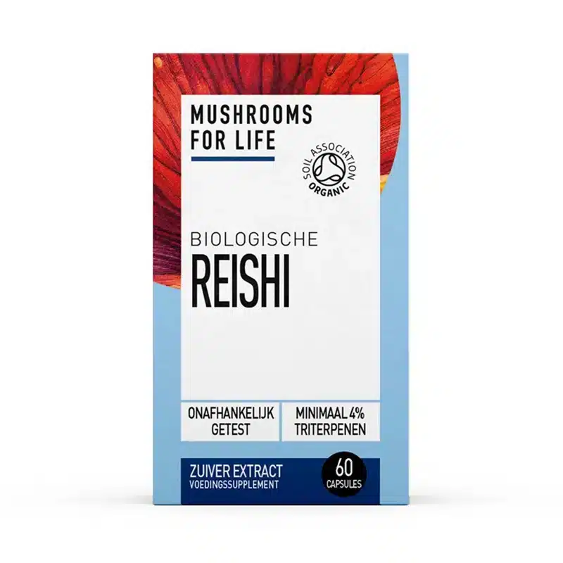 Vooraanzicht van een doos met het label "Mushrooms4Life - Biologische paddenstoel Reishi Capsules (60 stuks)", met vermelding van de biologische certificering, het triterpeengehalte en testgegevens.