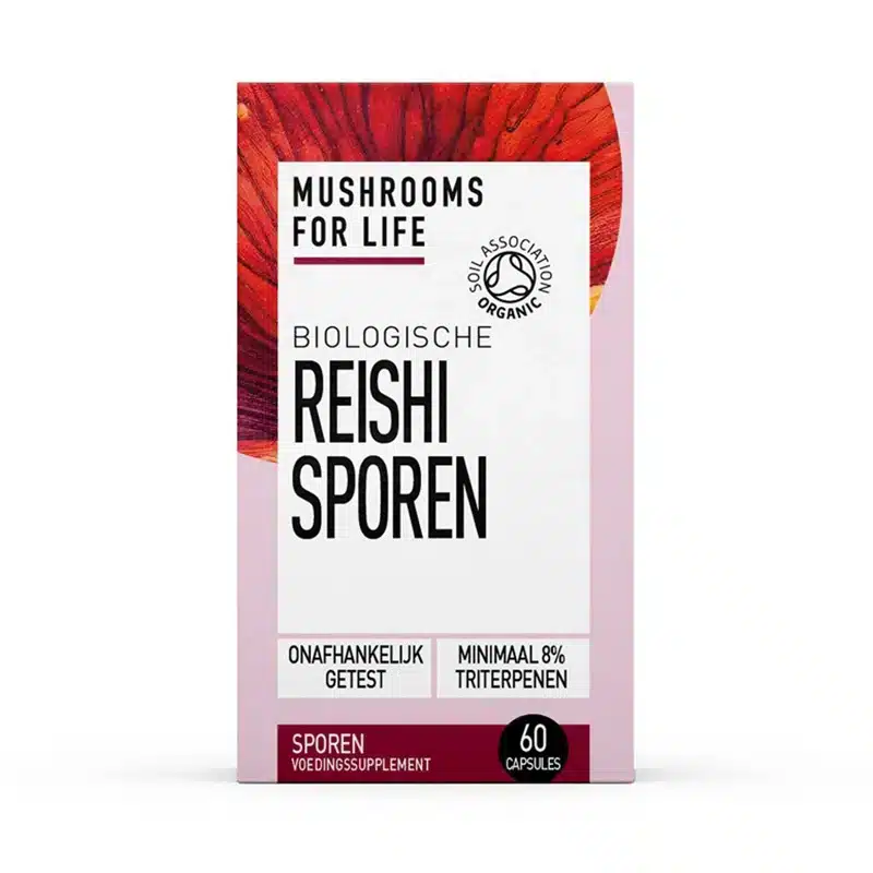 Mushrooms4Life - Biologische paddenstoel Reishi Sporen Capsules (60 stuks) is een doos met 60 capsules met Nederlands etiket en Soil Association Organic-certificering.