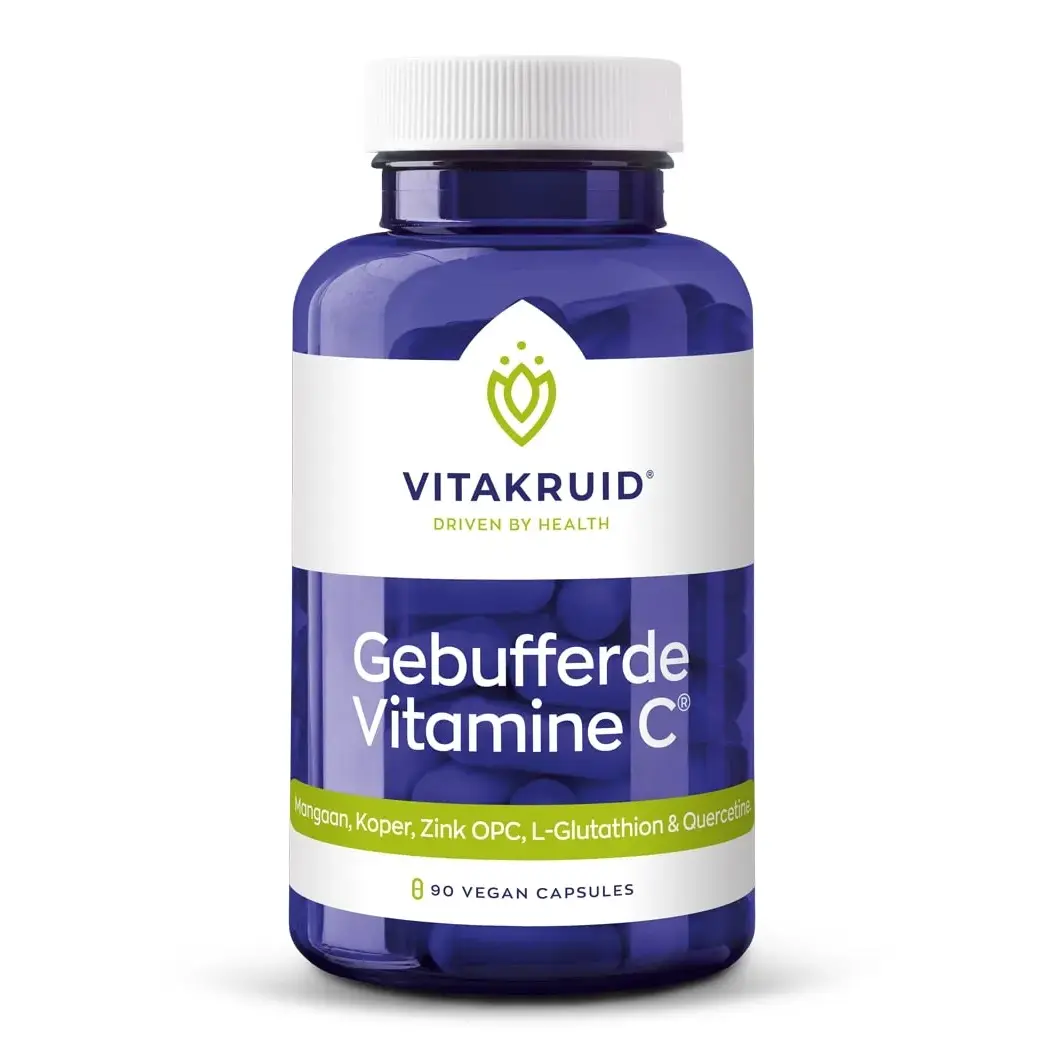 Fles Vitakruid - Gebufferde Vitamine C® met 90 veganistische capsules, met ingrediënten zoals mangaan, koper, zink OPC, L-glutathion en quercetine.