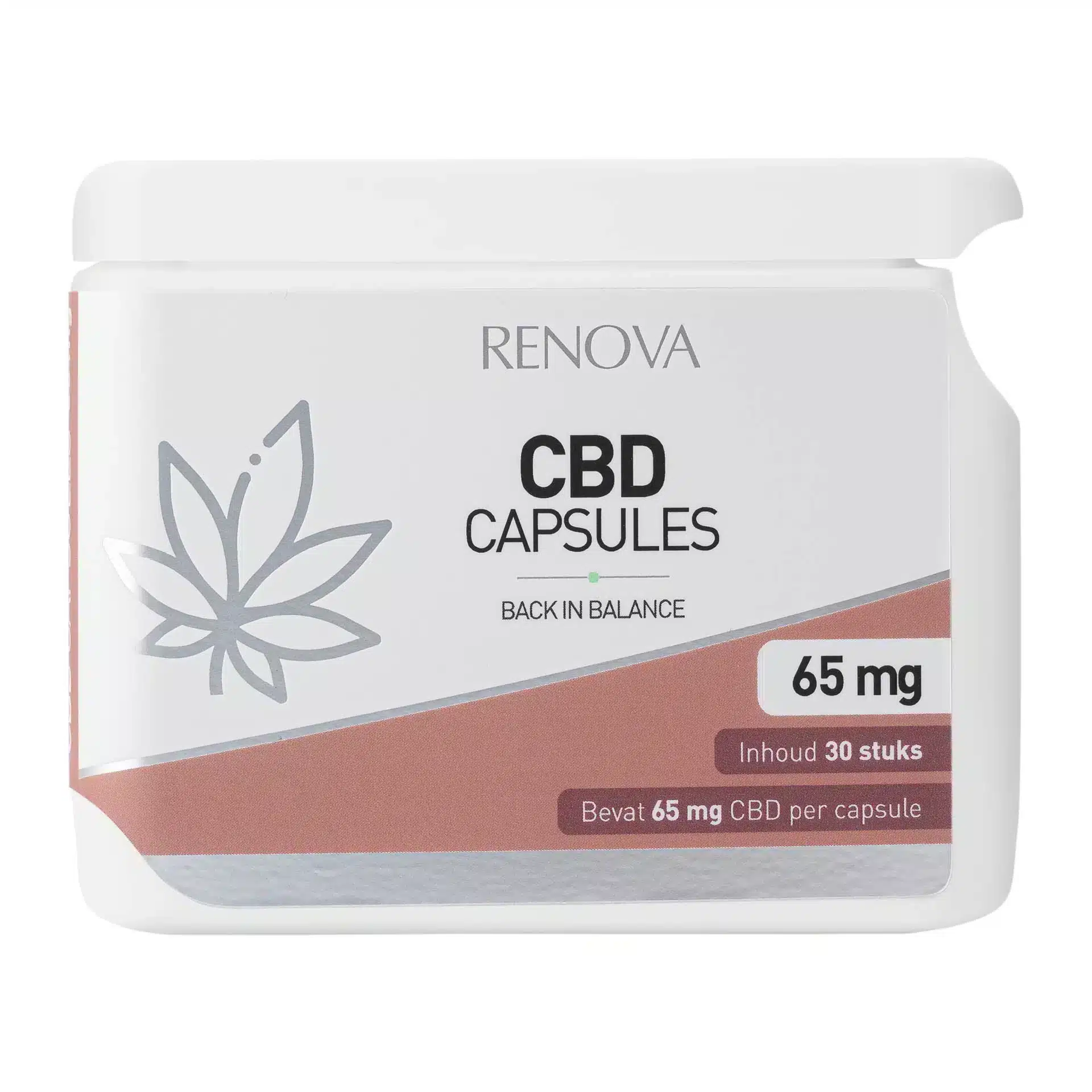 Witte verpakking met Renova - CBD-capsules met het label "Back in Balance", met 30 capsules van elk 65 mg.